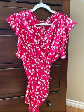 Max Studio Red Floral Wrap Top
